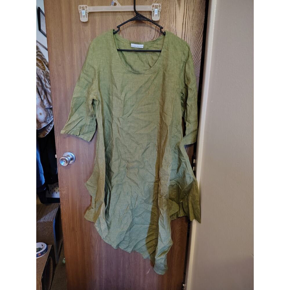 Bryn Walker Green Linen Dress tunic Asymmetrical Hem Lagenlook MidSleeve Loose M - Picture 11 of 11